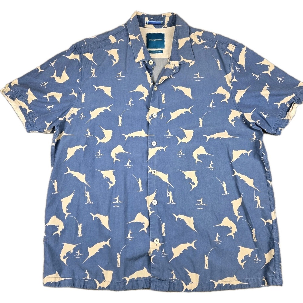 Tommy Bahama Silk Blend Hawaiian Shirt Mens XL Blue Lightweight Deep Sea Fishing